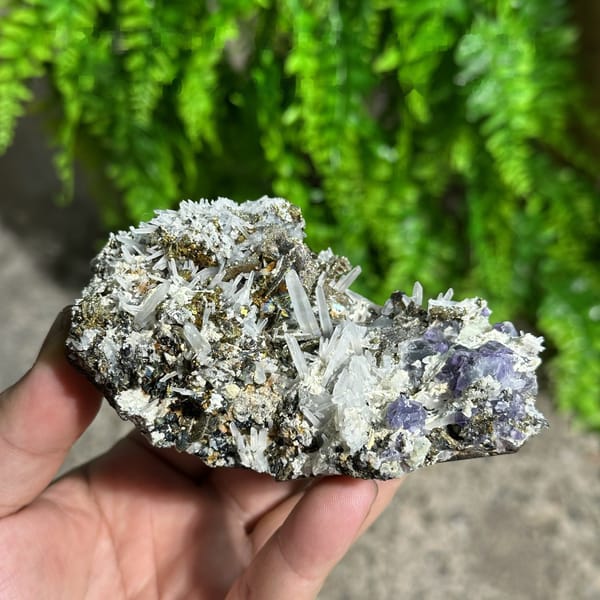 Bronze pyrrhotite and chalcopyrite with quartz and purple fluorite from Inner Mongolia, China, view 6 of 6