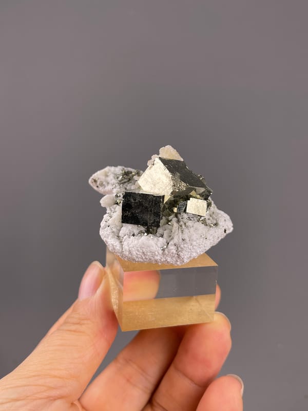 Chalcopyrite from Shangbao, Hunan, China: whole metallic crystal group on a low pale matrix.