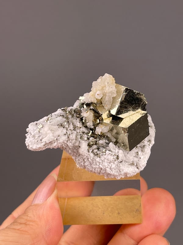 Chalcopyrite from Shangbao, Hunan, China: rear view of fine pale matrix surrounding metallic crystals.