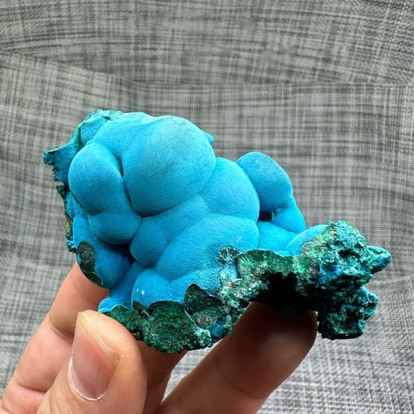 Sky-blue botryoidal chrysocolla over green malachite from DR Congo