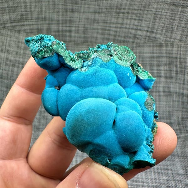 Sky-blue botryoidal chrysocolla over green malachite from DR Congo, view 2 of 6