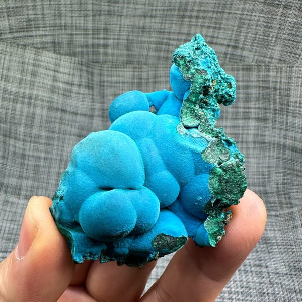 Sky-blue botryoidal chrysocolla over green malachite from DR Congo, view 4 of 6