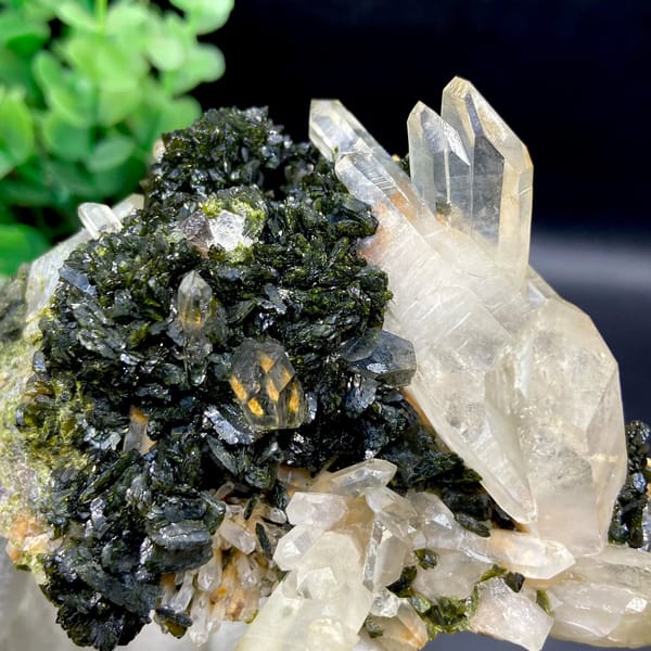 Clear quartz points rising from dark green epidote from Sichuan, China, view 2 of 9