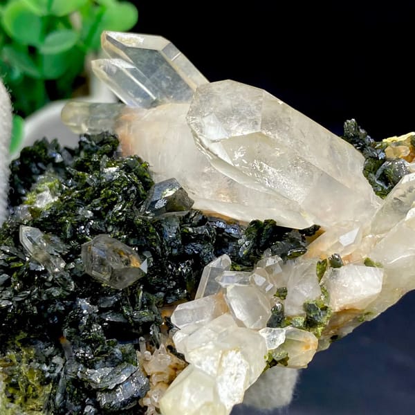 Clear quartz points rising from dark green epidote from Sichuan, China, view 5 of 9