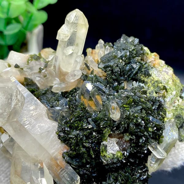 Clear quartz points rising from dark green epidote from Sichuan, China, view 6 of 9