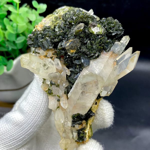 Clear quartz points rising from dark green epidote from Sichuan, China, view 8 of 9
