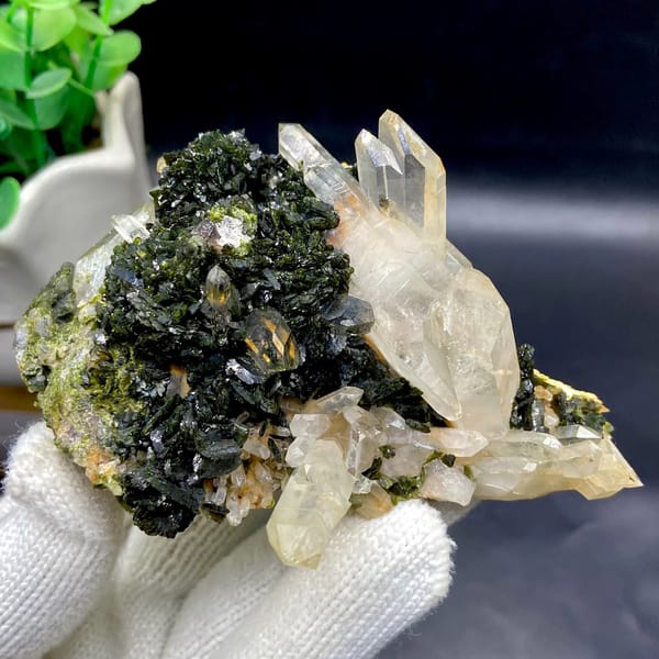 Clear quartz points rising from dark green epidote from Sichuan, China, view 9 of 9
