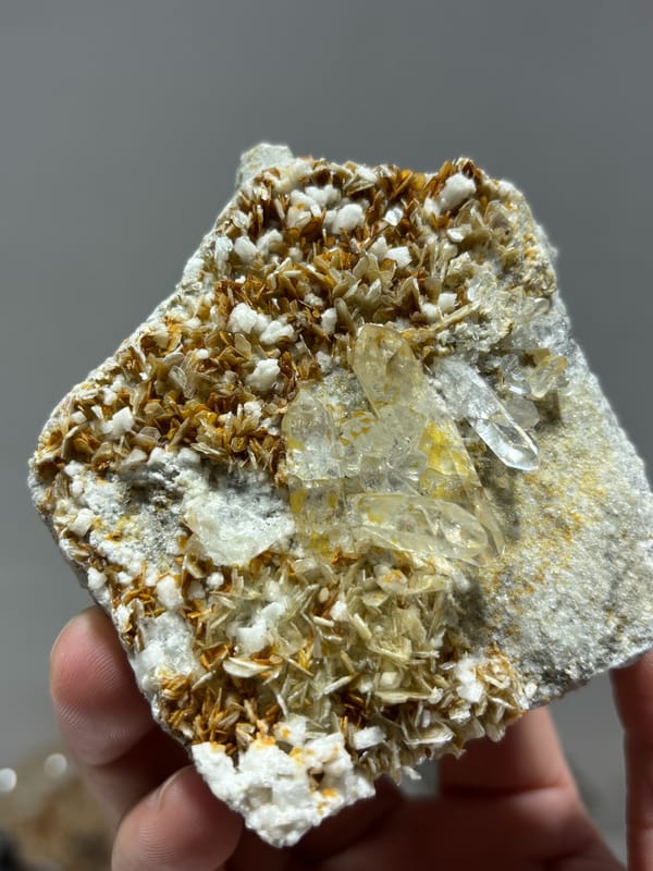 Clear quartz crystal in golden mica with white feldspar from Xuebaoding, Sichuan, China, held in hand