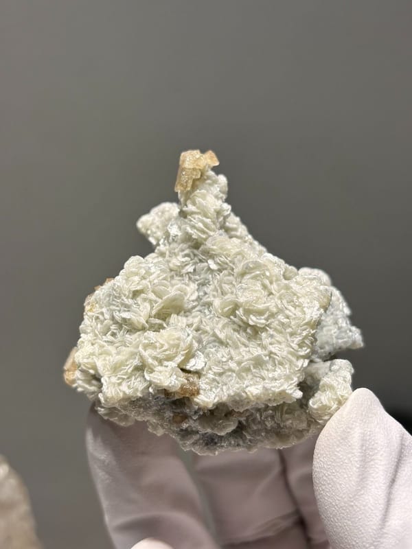 Cream scheelite and mica cluster with fluorite from Xuebaoding, Sichuan, China, view 2 of 7