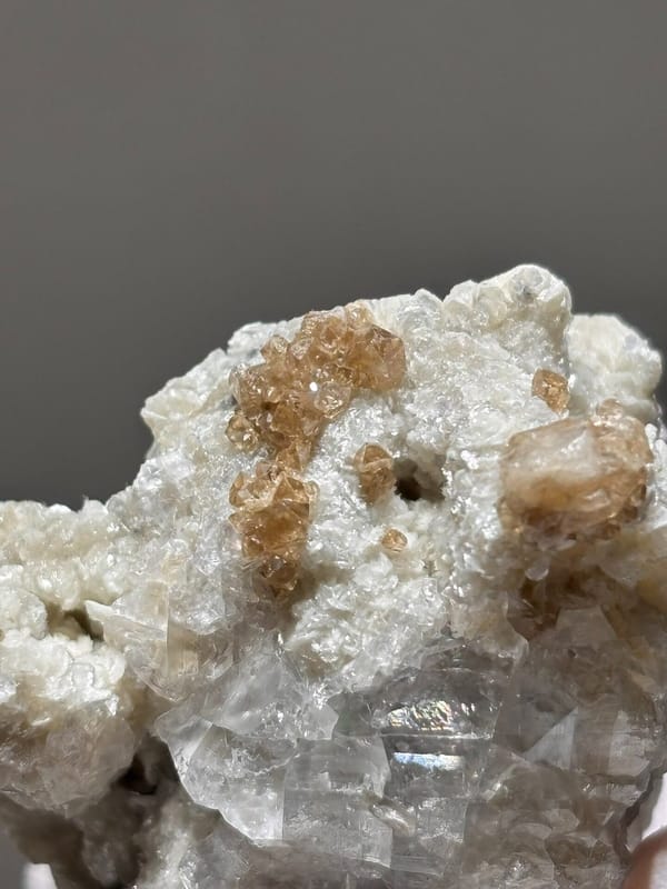 Cream scheelite and mica cluster with fluorite from Xuebaoding, Sichuan, China, view 3 of 7