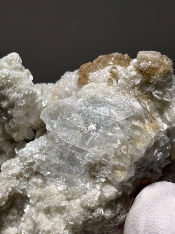 Cream scheelite and mica cluster with fluorite from Xuebaoding, Sichuan, China, view 4 of 7