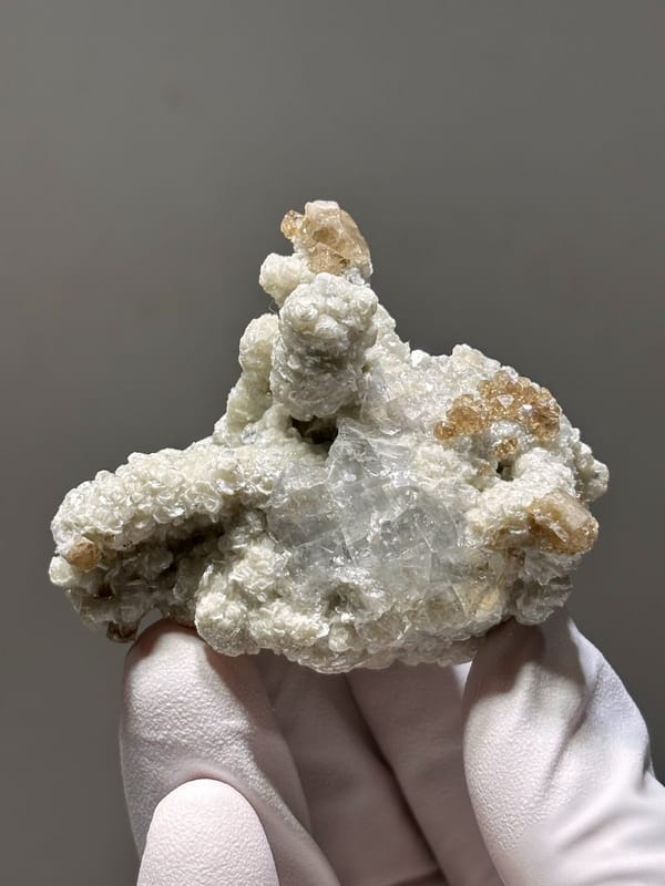 Cream scheelite and mica cluster with fluorite from Xuebaoding, Sichuan, China, view 7 of 7