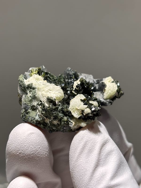 Dark epidote with clear quartz and pale prehnite from Yunnan, China, view 3 of 6