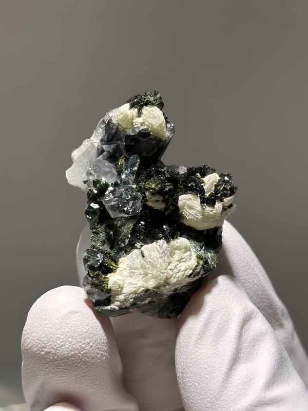 Dark epidote with clear quartz and pale prehnite from Yunnan, China, view 4 of 6