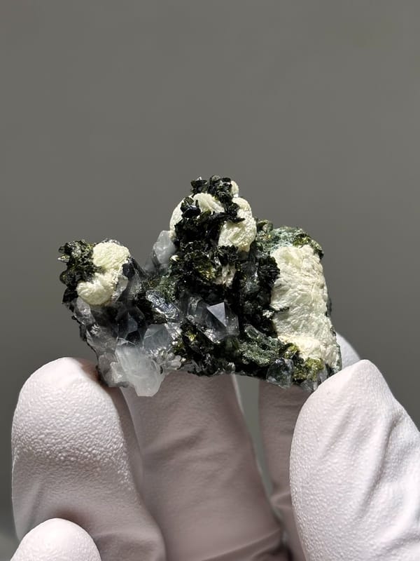 Dark epidote with clear quartz and pale prehnite from Yunnan, China, view 5 of 6