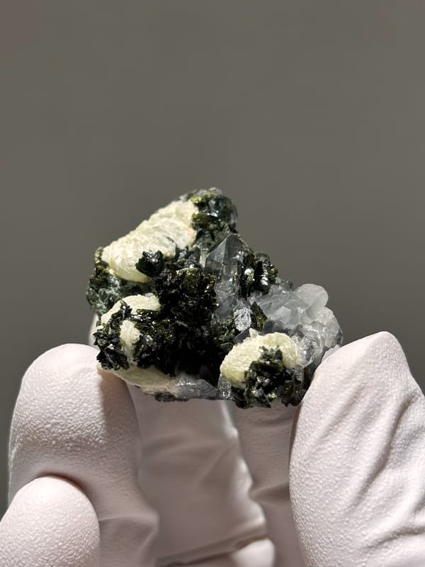 Dark epidote with clear quartz and pale prehnite from Yunnan, China, view 6 of 6