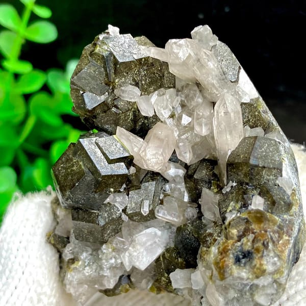 Dark green garnet dodecahedra on white quartz from Inner Mongolia, China, view 8 of 9