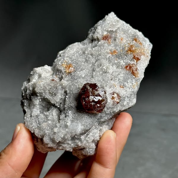 Single dark red sphalerite crystal on grey quartz druse from Hunan, China, view 10 of 13