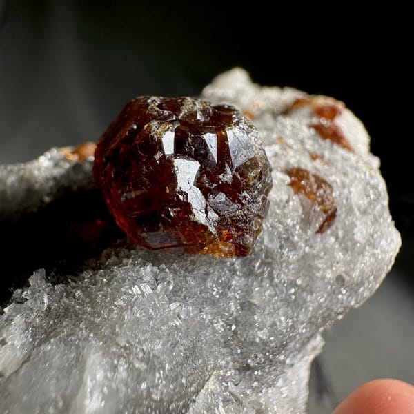 Single dark red sphalerite crystal on grey quartz druse from Hunan, China, view 11 of 13