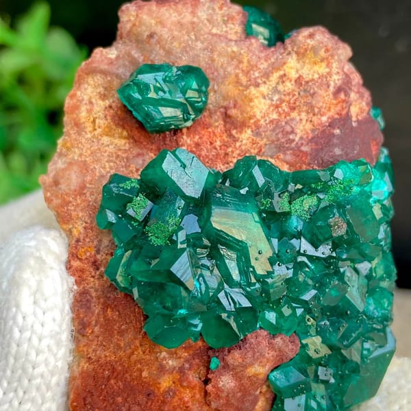 Emerald-green dioptase crystals on orange-brown matrix from Africa, view 9 of 9