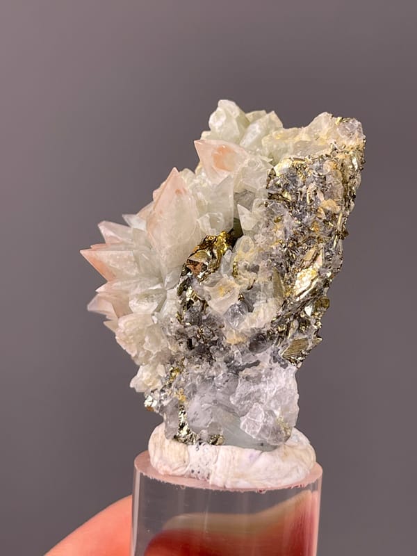 Pale green and pink calcite crystals on natural dogtooth calcite specimen from Daye, Hubei, China