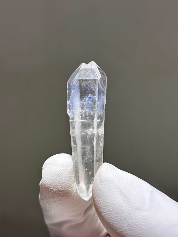 Blue dumortierite-in-quartz double-terminated wand from Brazil, view 2 of 4