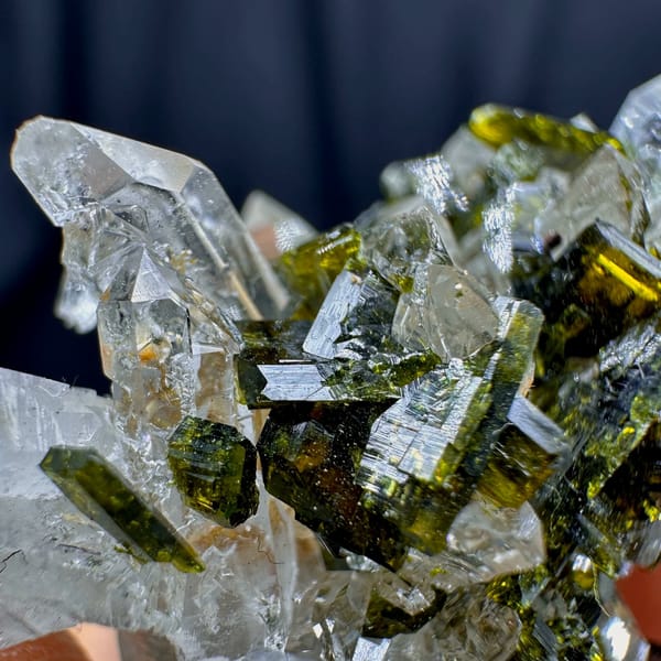 Clear quartz needles with dark green epidote from Sichuan, China, view 2 of 6