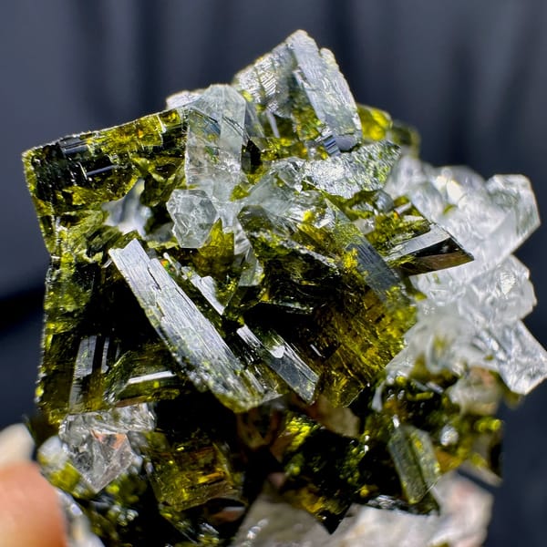 Clear quartz needles with dark green epidote from Sichuan, China, view 3 of 6