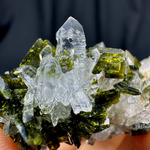 Clear quartz needles with dark green epidote from Sichuan, China, view 4 of 6