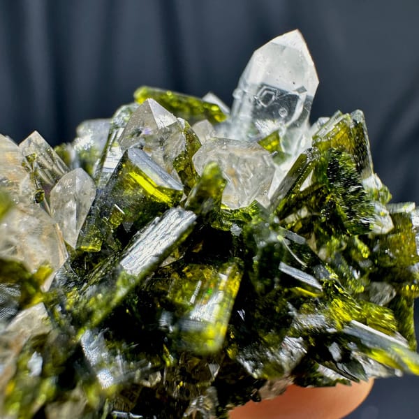 Clear quartz needles with dark green epidote from Sichuan, China, view 5 of 6