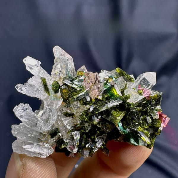 Clear quartz needles with dark green epidote from Sichuan, China, view 6 of 6
