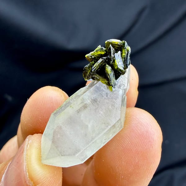 Double-terminated quartz with green epidote cluster from Sichuan, China, view 2 of 6
