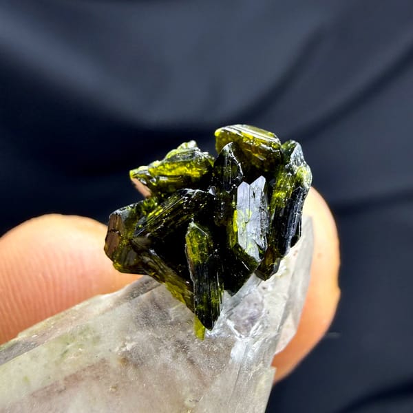 Double-terminated quartz with green epidote cluster from Sichuan, China, view 3 of 6