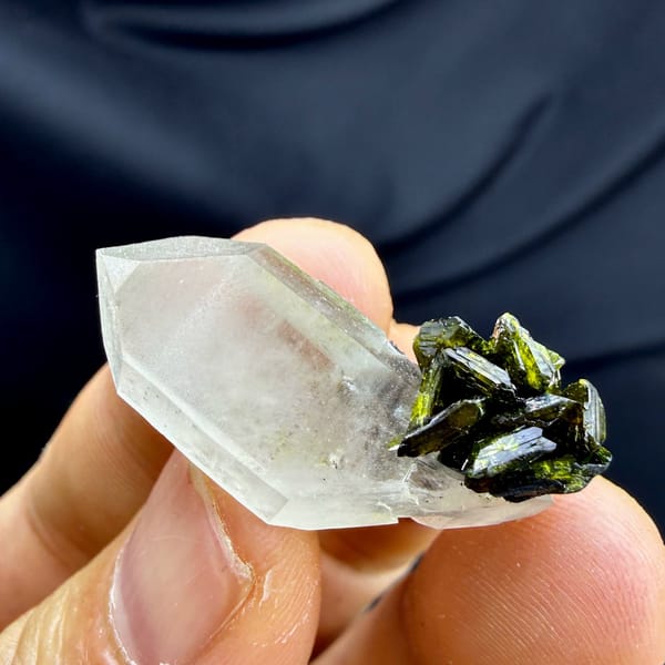 Double-terminated quartz with green epidote cluster from Sichuan, China, view 4 of 6