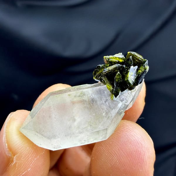 Double-terminated quartz with green epidote cluster from Sichuan, China, view 6 of 6