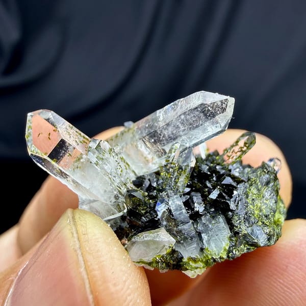 Clear quartz points on dark green epidote from Sichuan, China, view 2 of 6