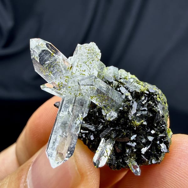 Clear quartz points on dark green epidote from Sichuan, China, view 4 of 6