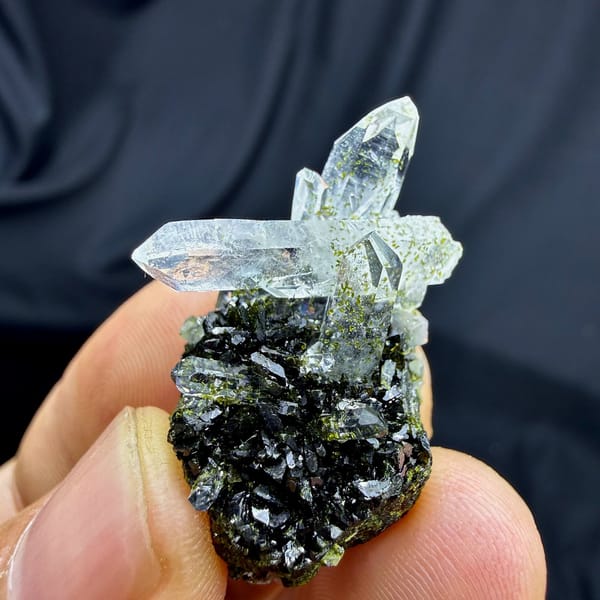 Clear quartz points on dark green epidote from Sichuan, China, view 5 of 6