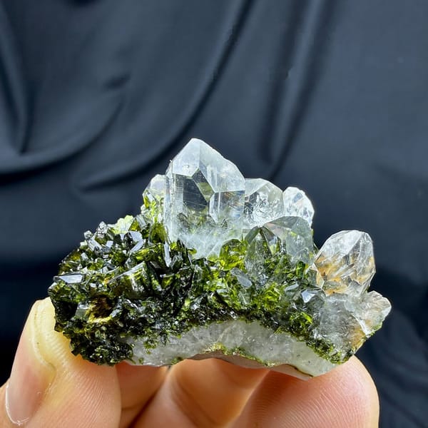 Transparent quartz points on dark green epidote from Sichuan, China, view 6 of 6