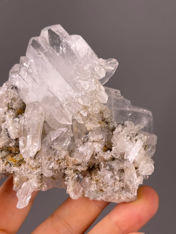 Clear milky quartz cluster on natural faden quartz specimen from Pakistan