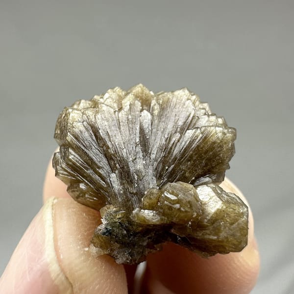 Tiny golden-brown stilbite fan from Yunxiao, Fujian, China, view 6 of 6