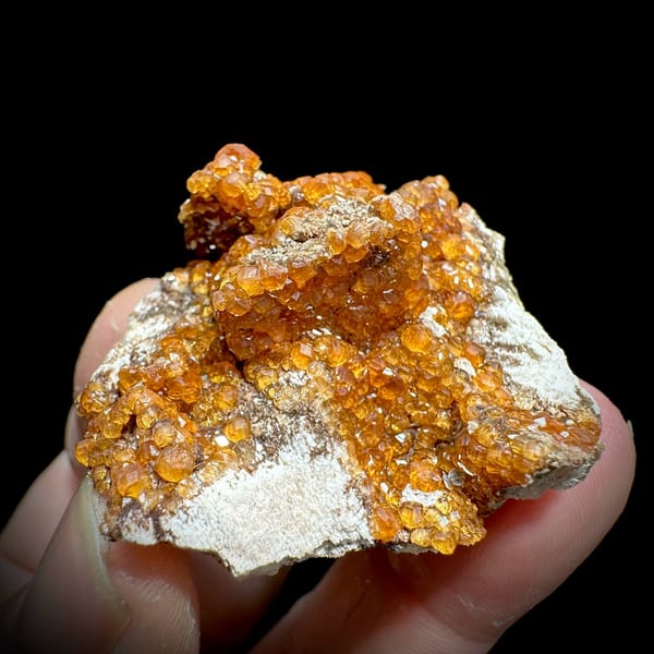 Fanta-orange spessartine garnet druse on grey feldspar from Yunxiao, Fujian, China, view 2 of 6
