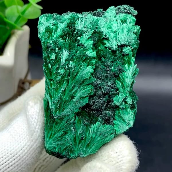 Block of feather-form fibrous malachite from Africa