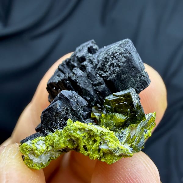 Black babingtonite crystals with green epidote and quartz from Sichuan, China, view 2 of 6