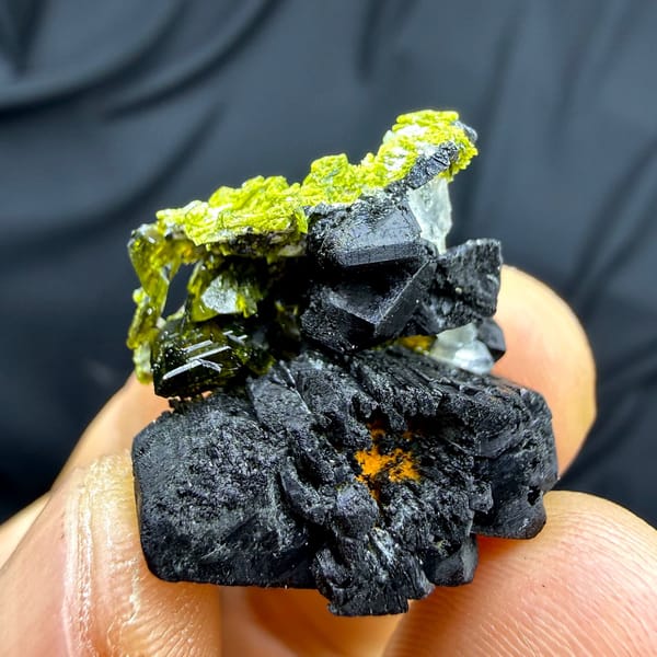 Black babingtonite crystals with green epidote and quartz from Sichuan, China, view 3 of 6