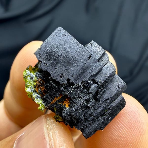 Black babingtonite crystals with green epidote and quartz from Sichuan, China, view 4 of 6