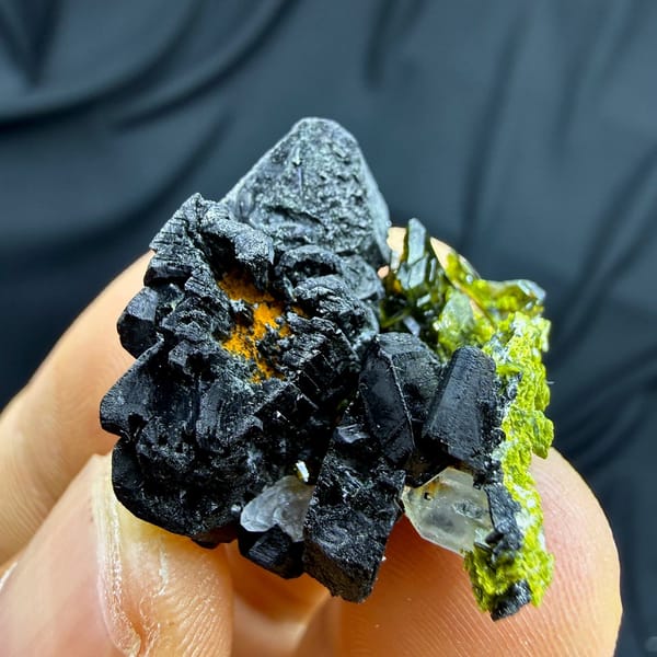 Black babingtonite crystals with green epidote and quartz from Sichuan, China, view 5 of 6