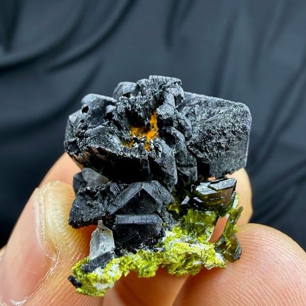 Black babingtonite crystals with green epidote and quartz from Sichuan, China, view 6 of 6