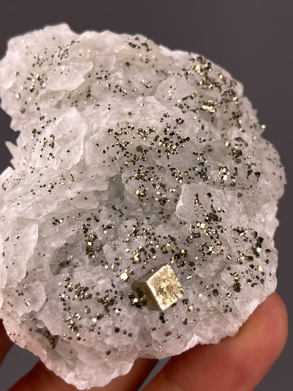 Fluorescent Petal-form Calcite specimen from Longyan, Fujian, China highlighting white petal-form druse with pyrite
