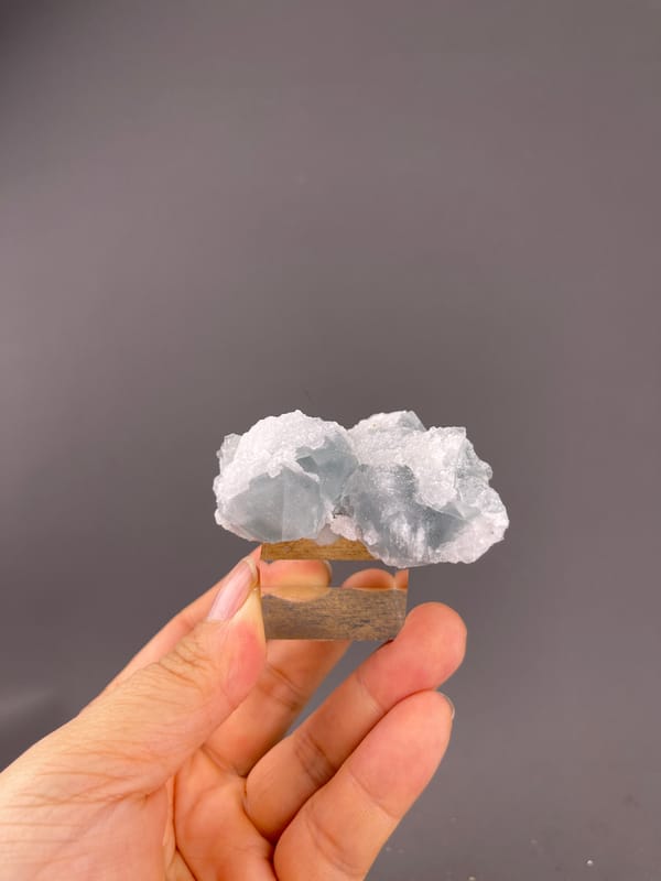 Fluorite from Fujian, China: whole mounted blue-gray and white specimen.